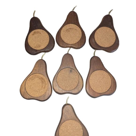 Vintage MCM Handcarved Hardwood Cork Pear Shaped Coasters, Set of 7, 5" x 3.5" - Picture 5 of 11